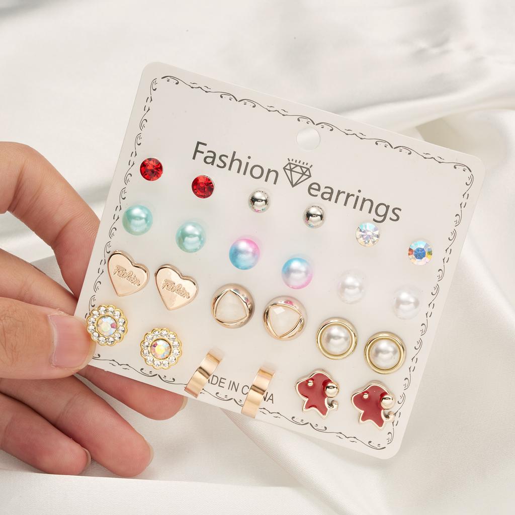 12 Pairs/Lot Heart Flower Earrings Set For Women Rhinestone Simulated Pearl Sun Star Stud Earrings Girls Party Jewelry Wholesale