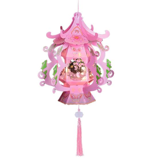 Handmade Chinese Traditional Lantern Kit Handcrafted Handheld 3D Hollow Chinese Palace Lantern with Lotus Tassel for Spring Festival Decoration
