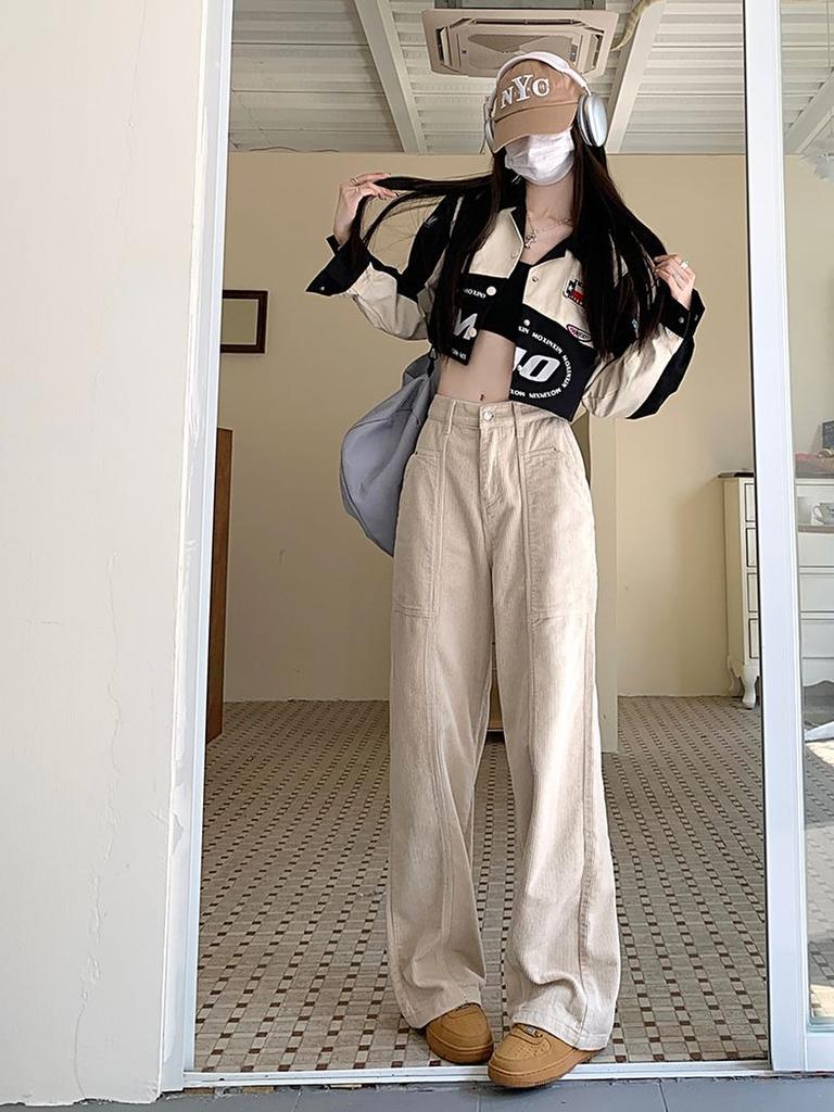 Вельветовые брюки в стиле ретро, ​​коричневые, осенне-зимние, широкие брюки-«ножи» для женщин, высокие, с высокой талией, длинные леггинсы.