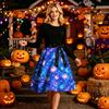 Women's Long Sleeve Halloween Dress Round Neck Casual Midi Dress with Printed Skirt and Waist Tie for Seasonal Occasion