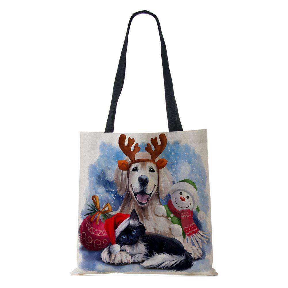 Рождественская елка Подарок Харадзюку Холщовая сумка-шоппер Рождественская собака Женская многоразовая сумка через плечо Большая вместимость Складная сумка для хранения KTY