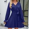 GMXIA Женская мода, повседневная однотонная летняя плиссированная юбка с v-образным вырезом и длинным рукавом, платье