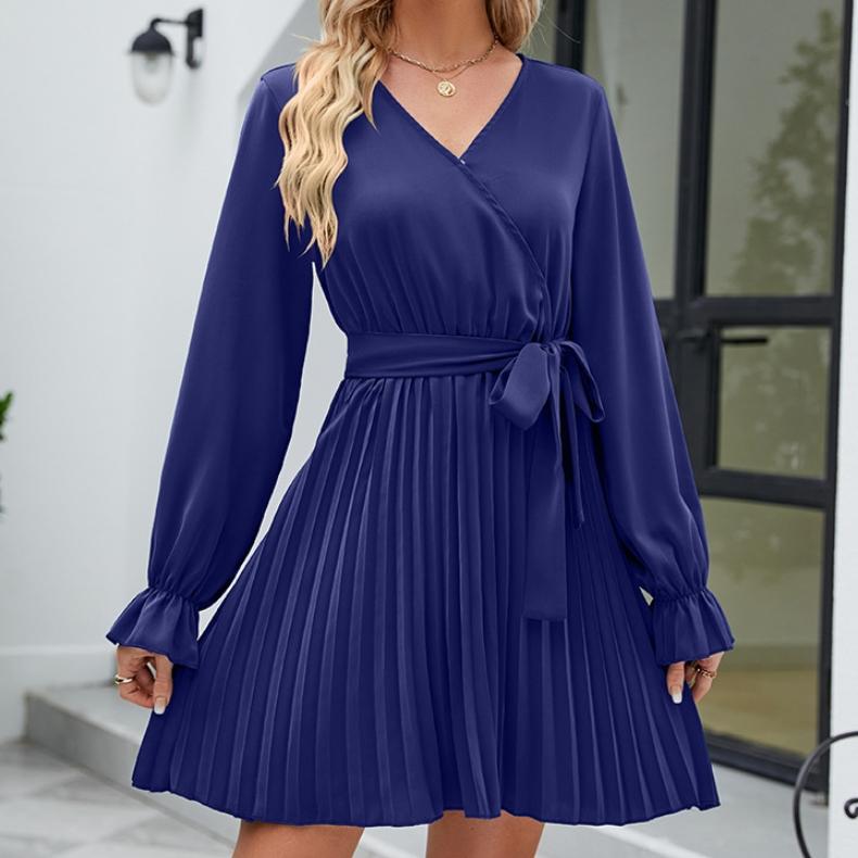 GMXIA Женская мода, повседневная однотонная летняя плиссированная юбка с v-образным вырезом и длинным рукавом, платье