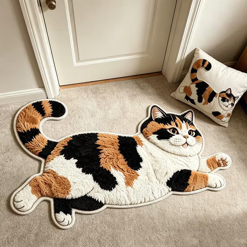 Stretching Black Cat Shaped Irregular Floor Mat 2D Realistic Print Non Slip Washable Indoor Bedroom Pet Decor Rug Home