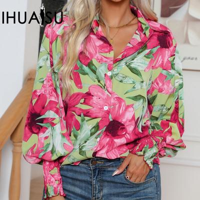 Женская осенне-зимняя модная рубашка с принтом и рукавами-фонариками, блузка с длинным рукавом