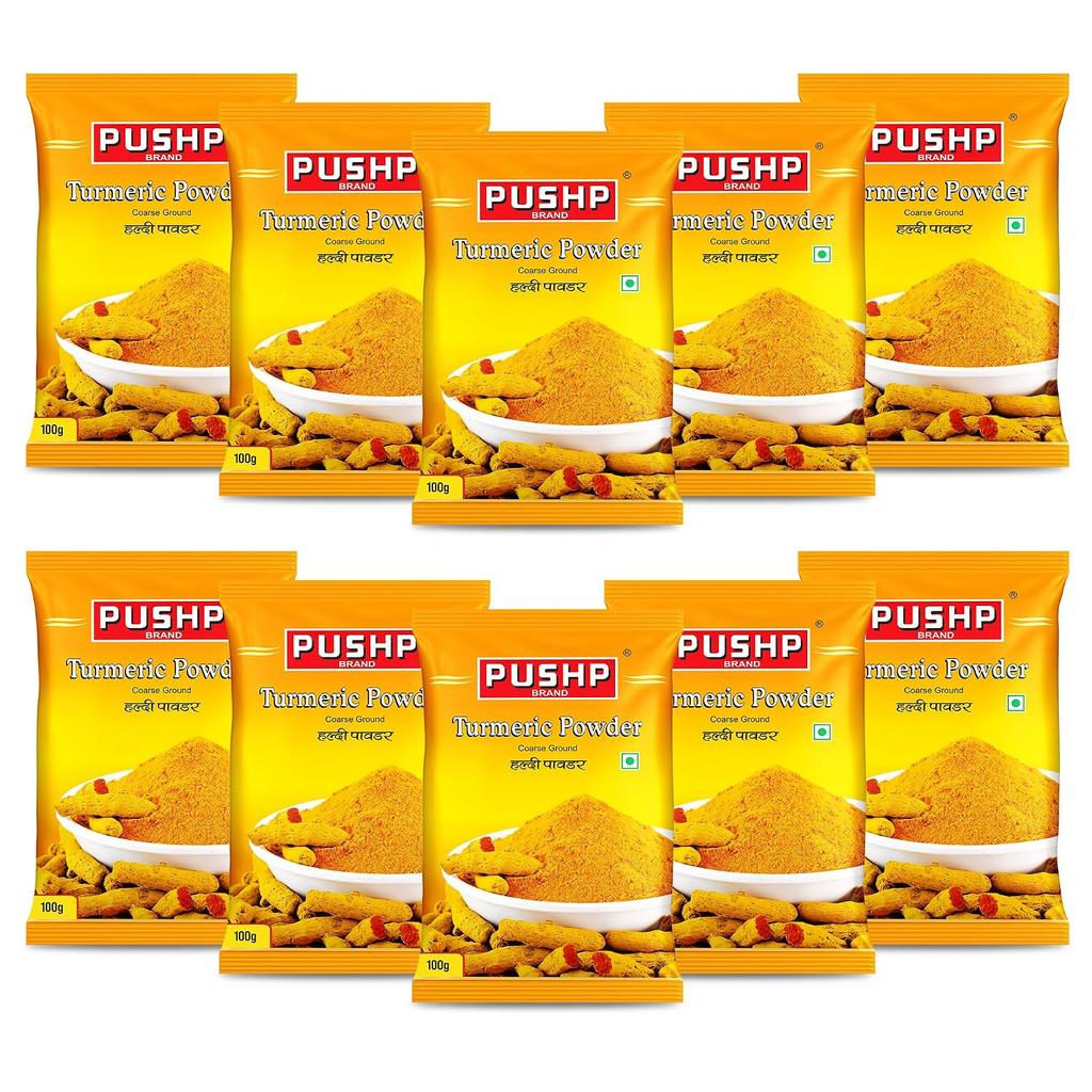 Куркума молотая Pushp Натуральная кулинарная специя для аутентичной индийской кухни Насыщенный желтый цвет Чистая упаковка 100 г Набор из 10 шт. Для кухни