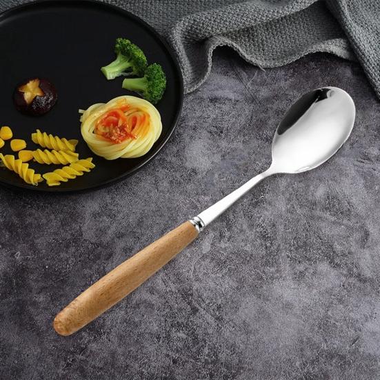Ложка с деревянной ручкой, сервировочные столовые ложки из нержавеющей стали, нержавеющая обеденная ложка для домашней кухни, ресторана, пикника
