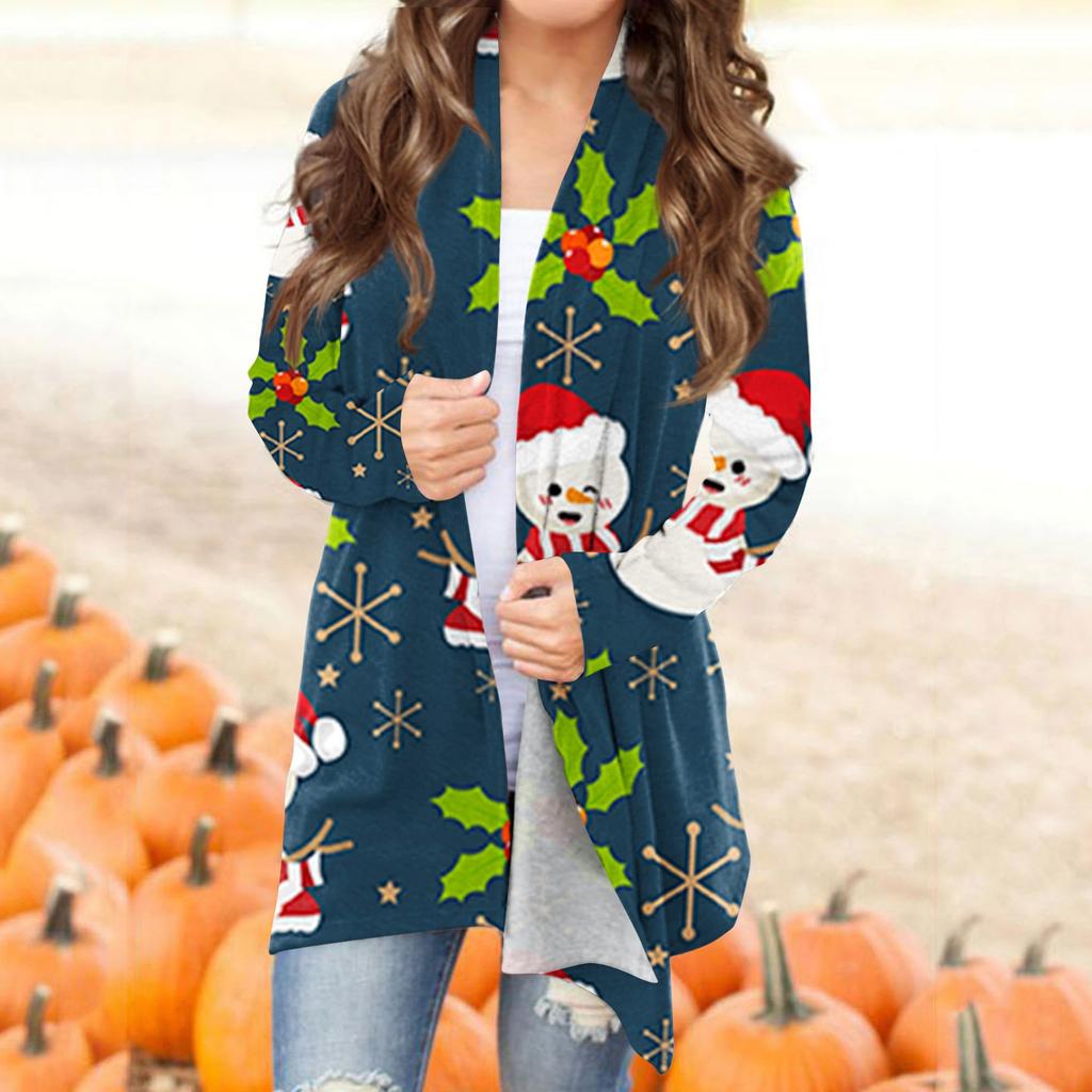 Женская мода, повседневный рождественский принт, кардиган средней длины, куртка, пальто