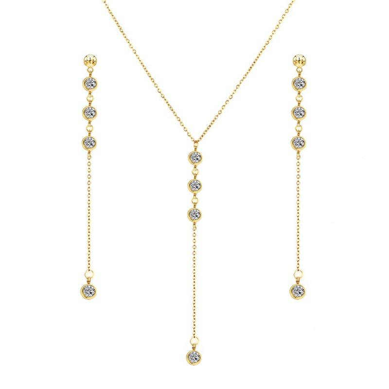 New stainless steel long chain sparkling crystal necklace and tassel earring set