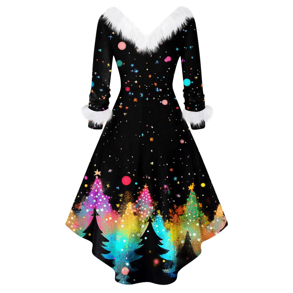 Женское модное повседневное приталенное платье с рождественским принтом для вечеринки с длинными рукавами