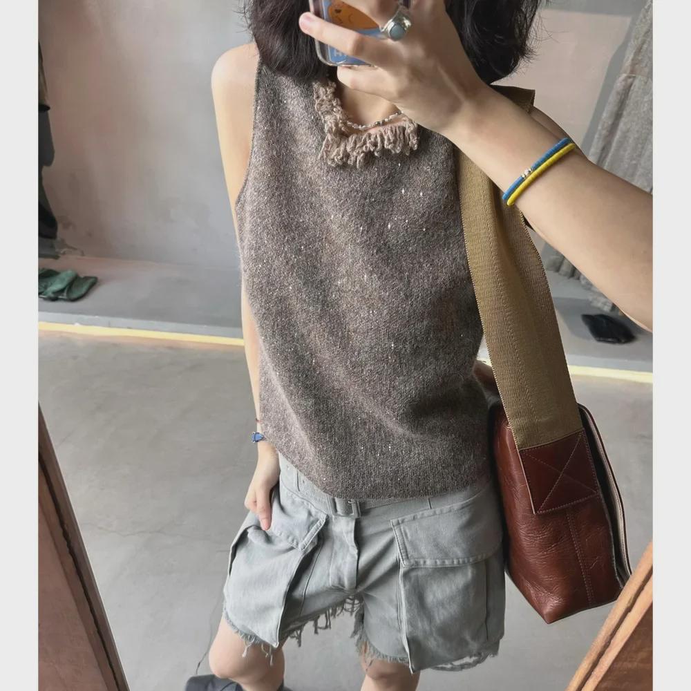 Осень и зима 2024 Вязаный жилет: 30% мохер, 25% шерсть с кисточками