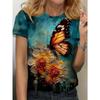 Повседневная футболка с коротким рукавом и круглым вырезом с 3D-цветочным принтом и принтом бабочек для женщин, лето