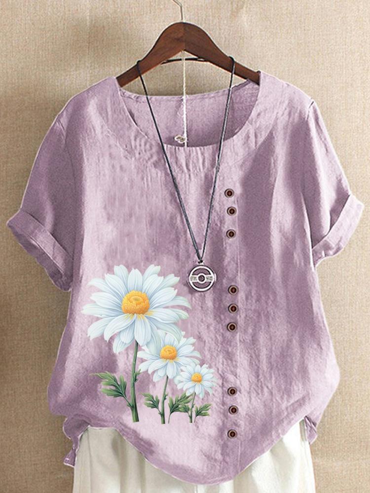 Women's Summer Round Neck Short Sleeve T-shirt Casual Cotton Linen Graphic Shirt Leisure Fashion Loose Daisy Prined Blouse Tops Plus Size