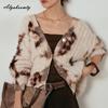 Korean Fashion Autumn Winter Women Cardigan V Neck Fluffy Knitted Outerwear Contrast Color Knitting Warm Soft Overcoat