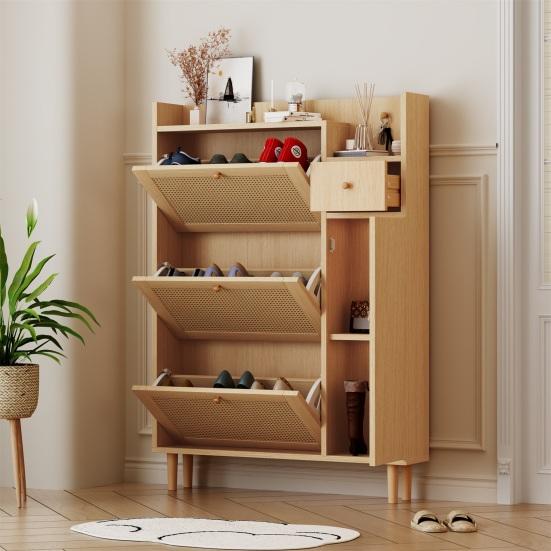 Shoe Rack Free Standing Cabinet with 3 Tilt Doors 1 Drawer Wood Handles Storage Solid Legs Space Saving No Burrs Small Closed Style Organizer