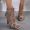 Large Size Open-toed Women's Sandals Rubber Lace-up High Heel (6-8cm) Stiletto One-word Mesh