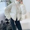 BITCED Short Stand-Up Collar Cotton Jacket for Women - Minimalist Oversized Fit Zipper Puffer Coat Solid Color