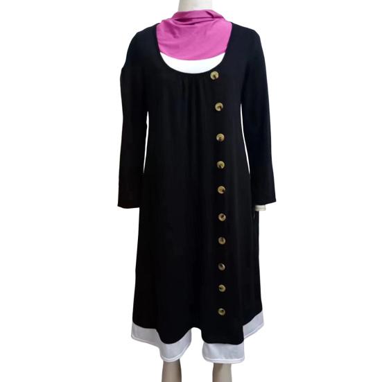 Женское осеннее платье, подходящее по цвету лоскутное платье из двух частей, плиссированное платье с пуговицами, трапециевидное платье с боковыми карманами и длинными рукавами, с круглым вырезом, миди-платье