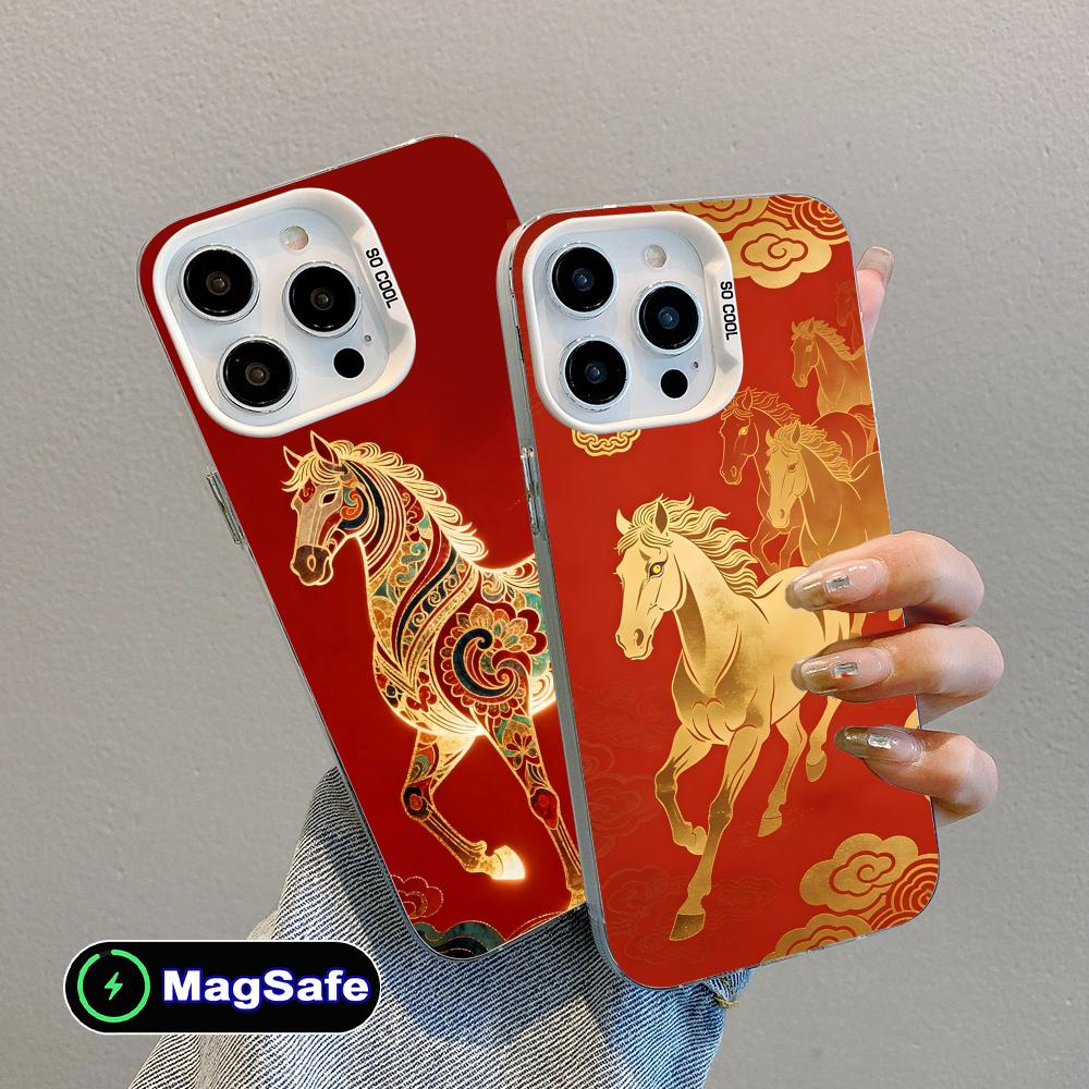 Golden Horse Year Mobile Phone Case for iPhone 17 16 15 14 13 12 11 X XR XS 8 7 Air Pro Max Plus White Translucent Cover