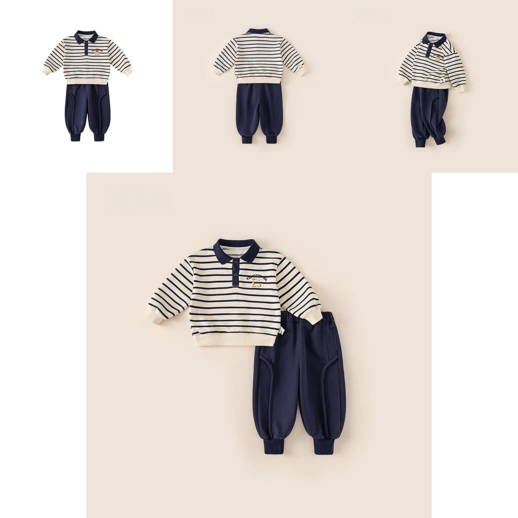 Boys Striped Cotton Kids Sweater Pants Set With Letter Cartoon Prints For Autumn Playtime