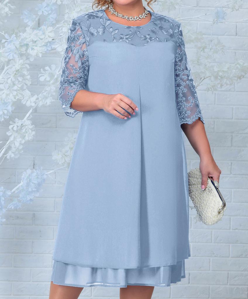 Plus Size Summer Dress Elegant Embroidery Chiffon Prom Formal Party Dresses for Chubby Women Loose Ladies Church Dress