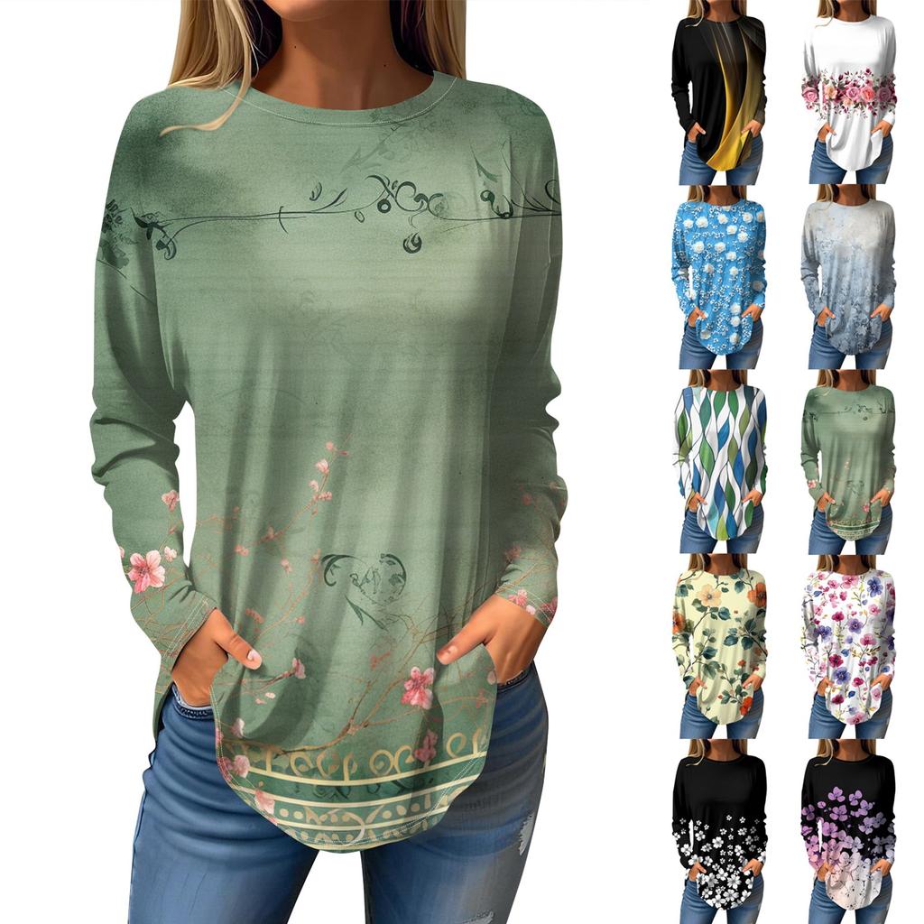 Tee Shirts For Women Fall Casual Long Sleeve Shirts Sweatshirt Vintage Graphic Printing Top Pullover