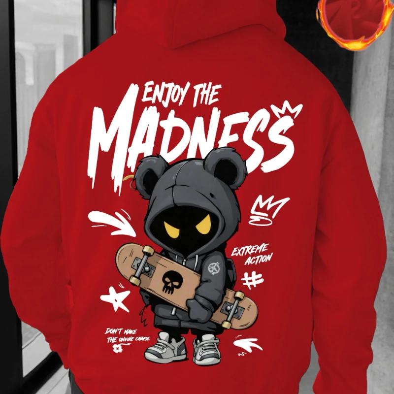 Street‑toy Men Hoodie Back Cool Bear Skate Figure Bold Brush‑font Art Print Pullover For Cool Urban City Casual Scenarios