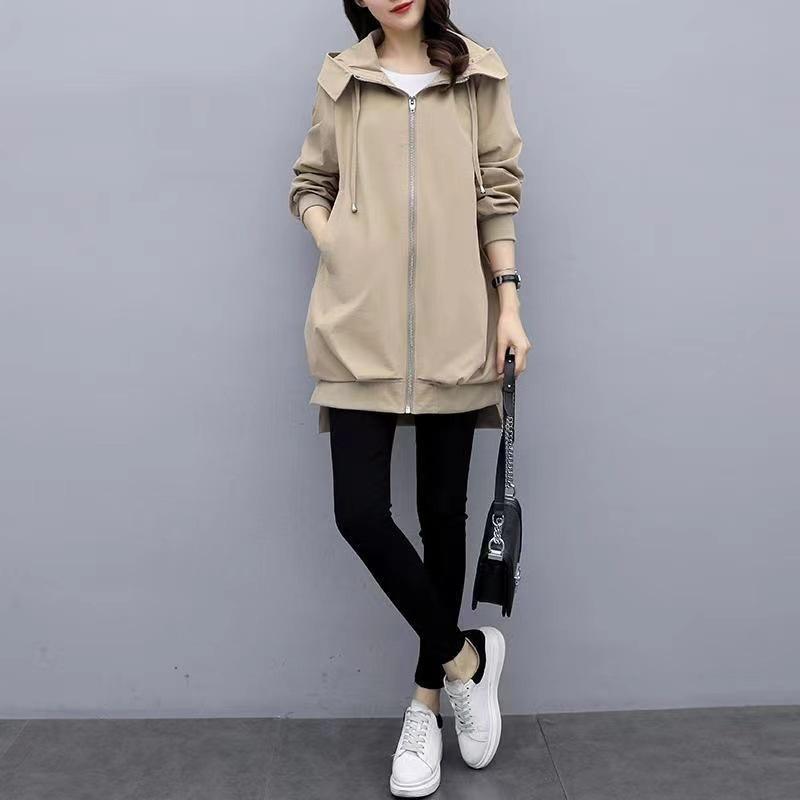 Women's Spring and Autumn Hooded Mid-Length Solid Color Jacket Casual Comfortable Windproof Jacket