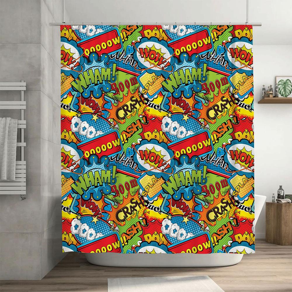 Comic Book Style Shower Curtain Superhero Theme Home Decor Bath Rug Tpu Waterproof Bathroom Liner For Kids Bathrooms