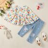 Модный комплект одежды из 2 предметов для девочки 1-4 лет: Блузка с длинным рукавом и цветочным принтом + Джинсы с прорезями. Весенний и Осенний Универсальный Костюм