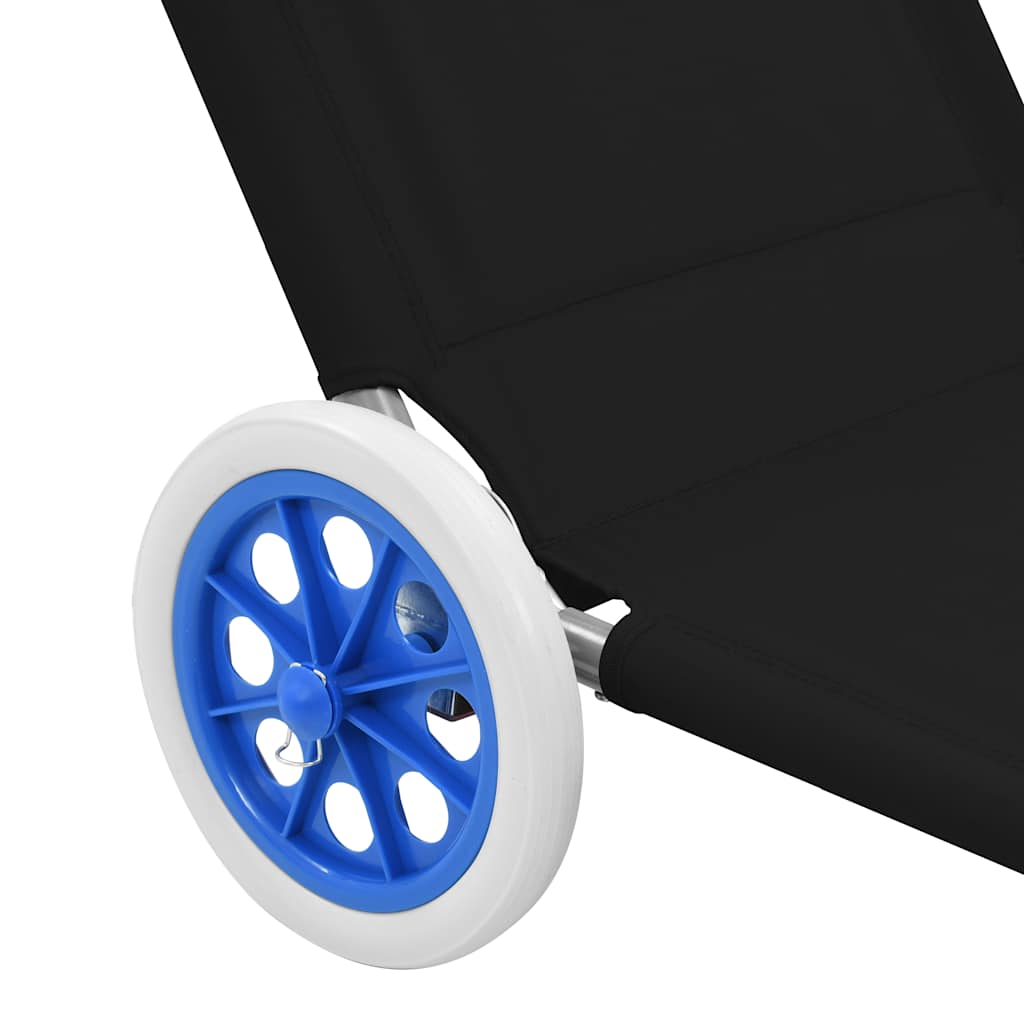 Folding Sun Lounger with Sunshade and Wheels Steel Black