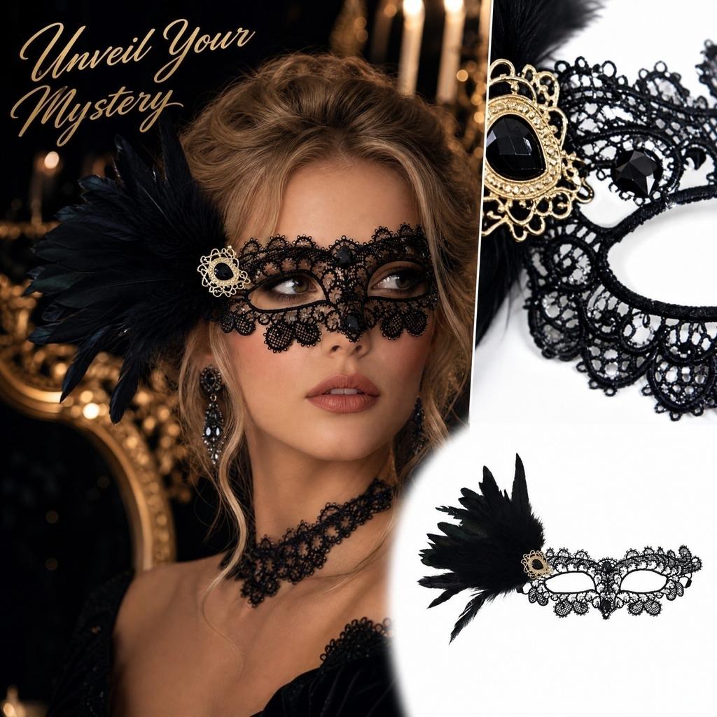 Lace with Feather Trim and Gold Foil Design for Halloween Masquerade Ball Party Prop