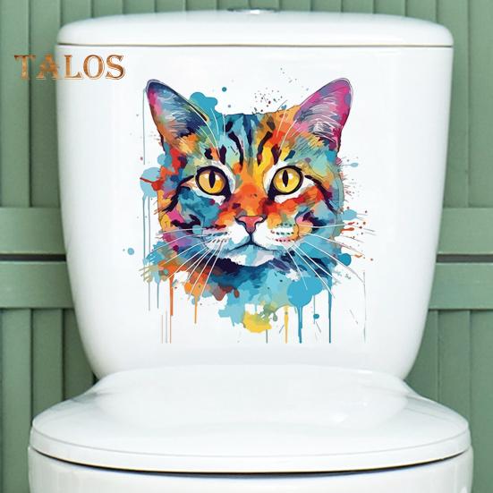 Цветной рисунок наклейка на унитаз с котом, водонепроницаемая, съемная, самоклеящаяся, ПВХ, настенное искусство для гостиной, ванной комнаты, акварель, котенок, декоративная наклейка на крышку унитаза