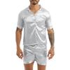 Men 2Pcs Silky Satin Pajamas Set Button Down Shirt Top with Boxer Shorts for Sleepwear Loungewear