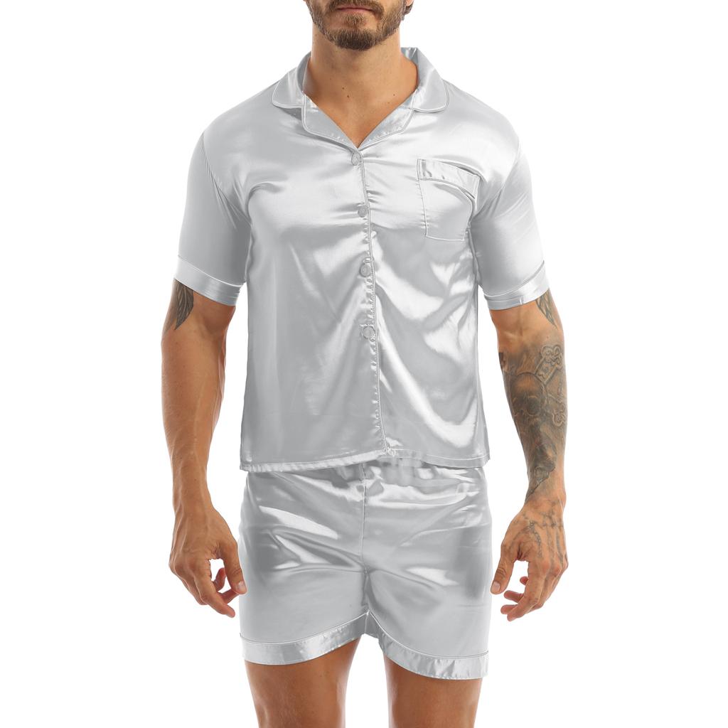 Men 2Pcs Silky Satin Pajamas Set Button Down Shirt Top with Boxer Shorts for Sleepwear Loungewear