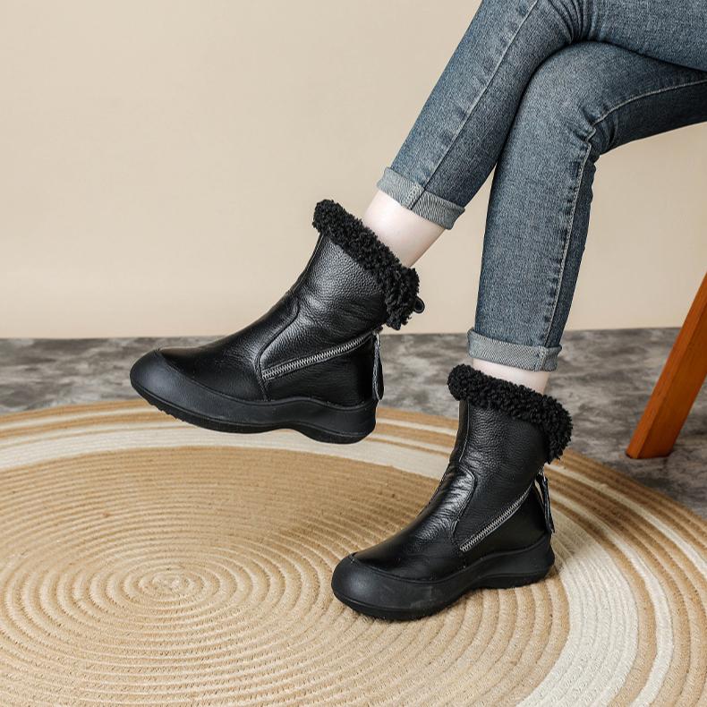 Women Winter Fashion Warm Plush Genuine Leather Women's Boots With Anti Slip Soft Sole Comfortable Side Zipper Short Boots