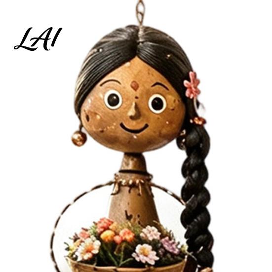 Vintage Dancing Girl Hanging Pendant Hand‑Painted Folk Style Ornament Ethnic Doll with Bell & Basket Rustic Art Resin Ornament Boho Wall