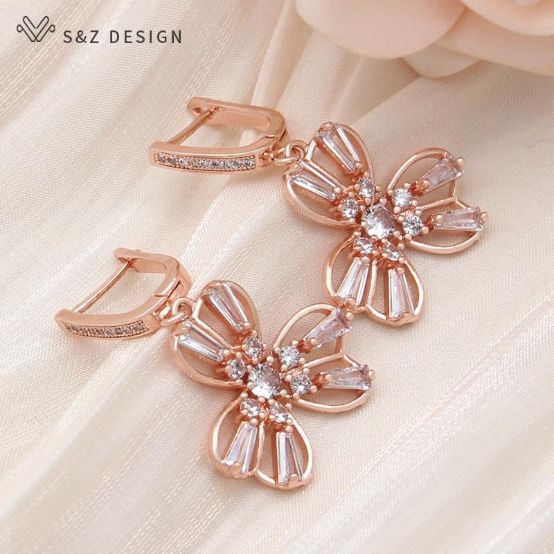 Модные серьги-капли с кубическим цирконием и тремя лепестками орхидеи для женщин, розовое золото, ювелирные изделия для свадебной вечеринки