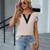 Ladies Summer Split Short Sleeve V Neck Color Block Casual Pullover Blouse Shirt Top