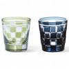Mizukage Kiriko Pair of Checkered for Cold Checkered Green Ink Current Model J-kitchens Glasses, Pattern, Small, Sake, 55xH58mm, 65cc, & Blue, Bisho,