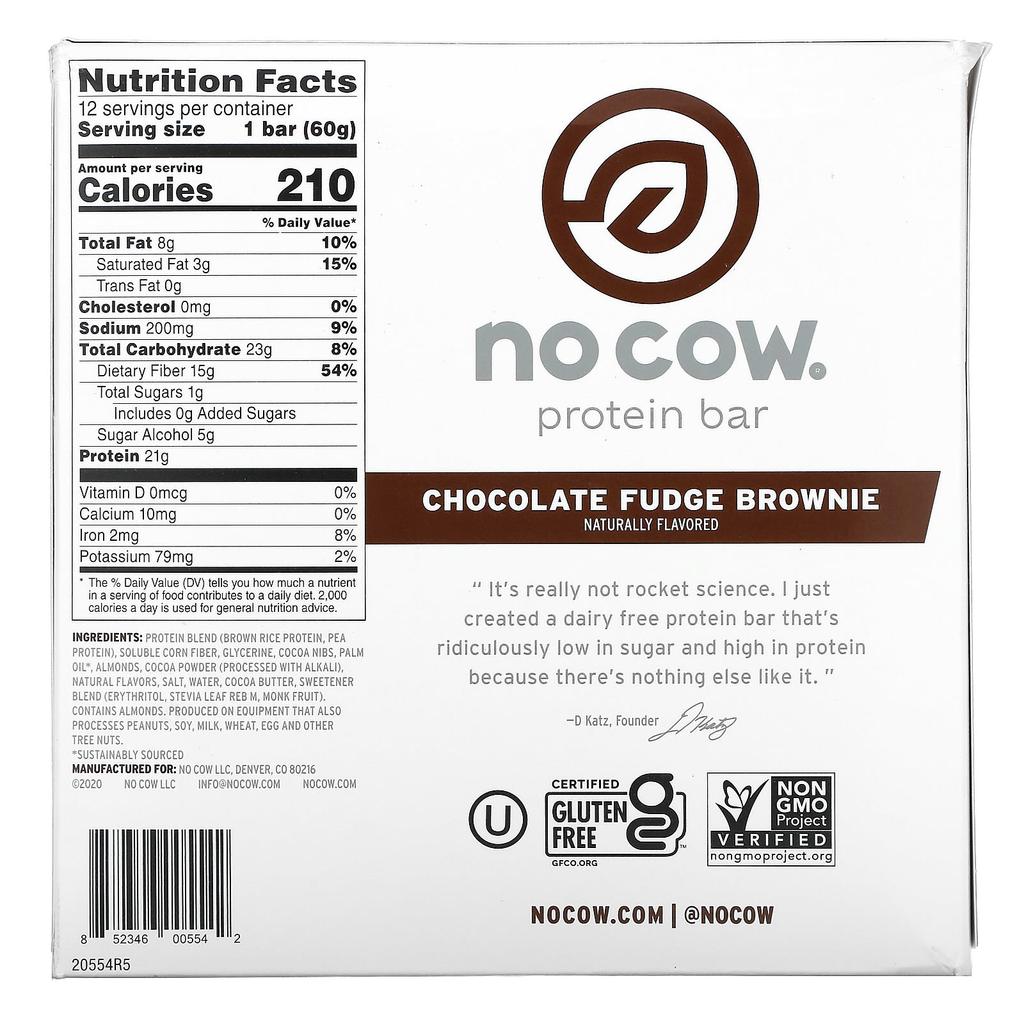 No Cow Protein Bar, Chocolate Fudge Brownie, 12 Packs, 2.12oz (60g) Each