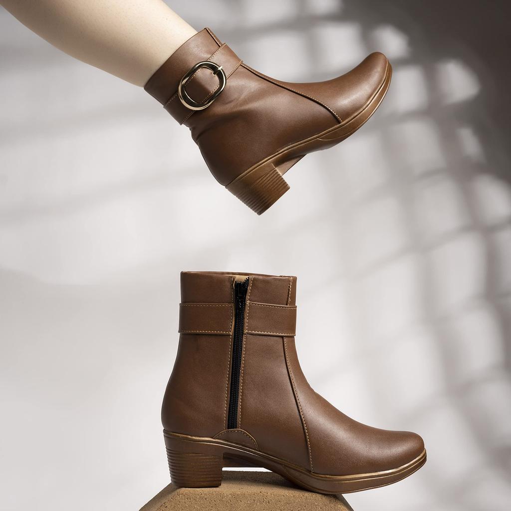 Shoetopia Женские короткие ботильоны на массивном каблуке с нескользящей подошвой, удобные модные ботильоны на щиколотку | Мягкая амортизирующая подошва | Для повседневной носки, вечеринок и зимы