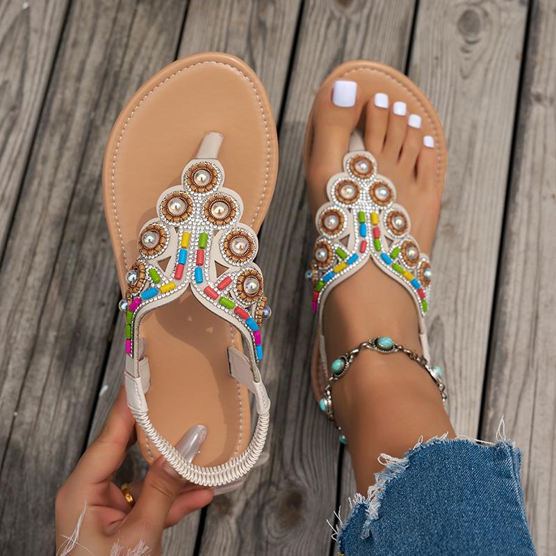 Fashion Bohemian String Bead Flat Sandals Women 2025 Summer Crystal Decor Clip Toe Beach Sandles Woman Plus Size Non Slip Sandalias 43