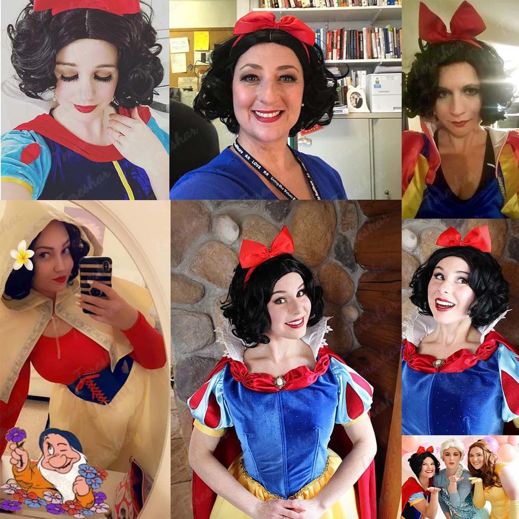Synthetic Short Curly Black Wig + Red Bowknot Headband,Bob Wave Snow White Cosplay Wig Black Middle Costume Party Halloween Wigs