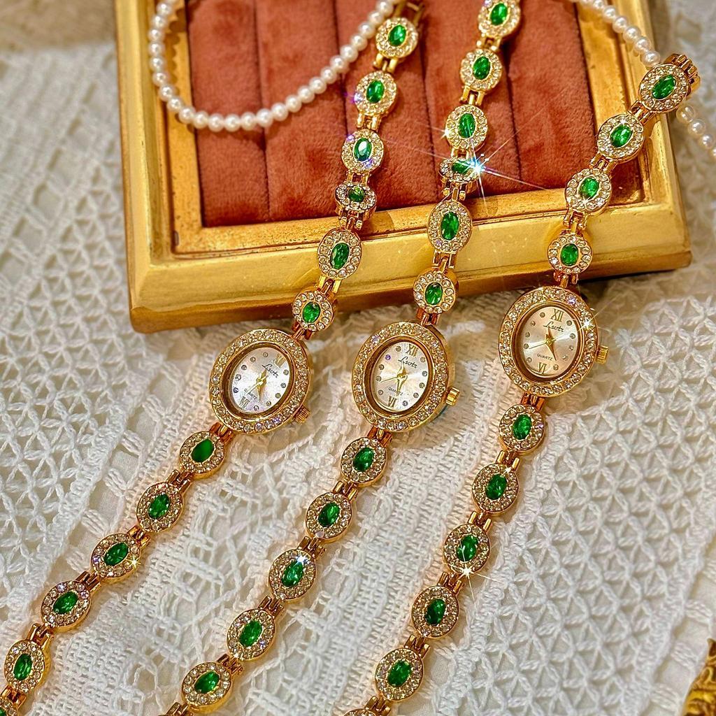 LSVTR Женские винтажные модные овальные часы класса люкс с радужным светом и красным и зеленым драгоценным камнем