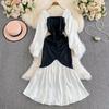 French Autumn Black White Hit Color Mermaid Dress Elegant Women Square Collar Puff Sleeve Elastic Bodycon Folds Midi Dress