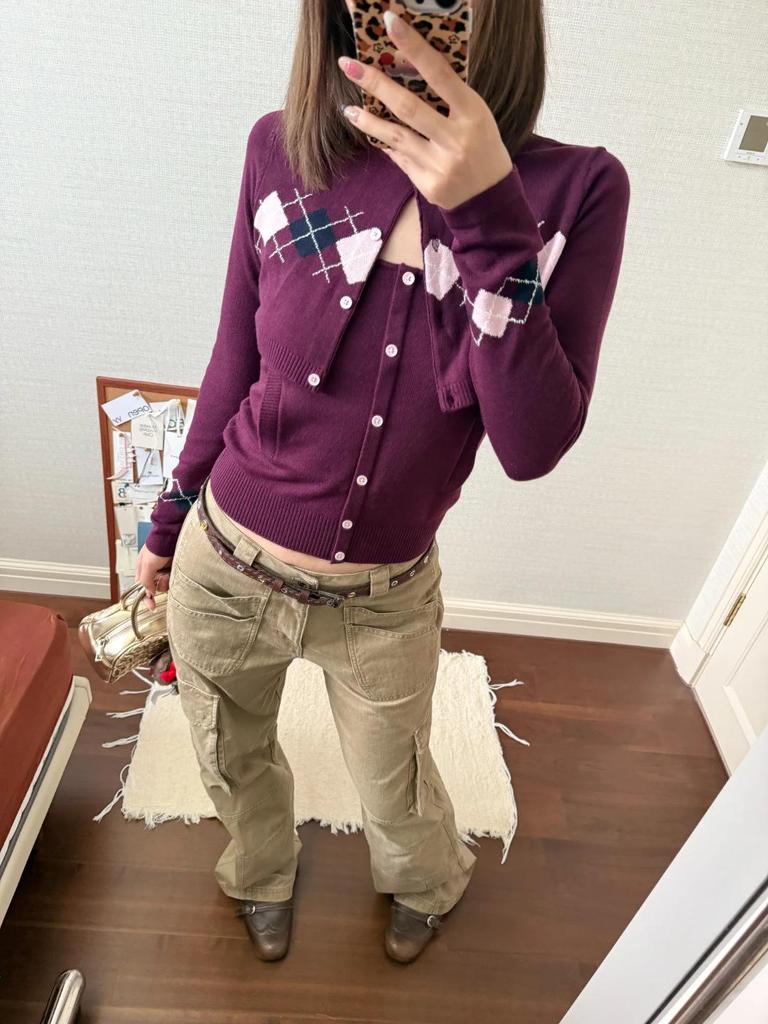 Комплект кардигана и майки Nanyou из мериносовой шерсти с аргайлом - Новая осенняя коллекция