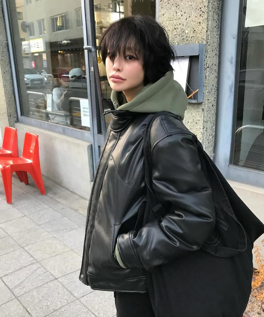 Moonsun Unisex Vegan Leather Goose-Down Puffer Blouson [Black]