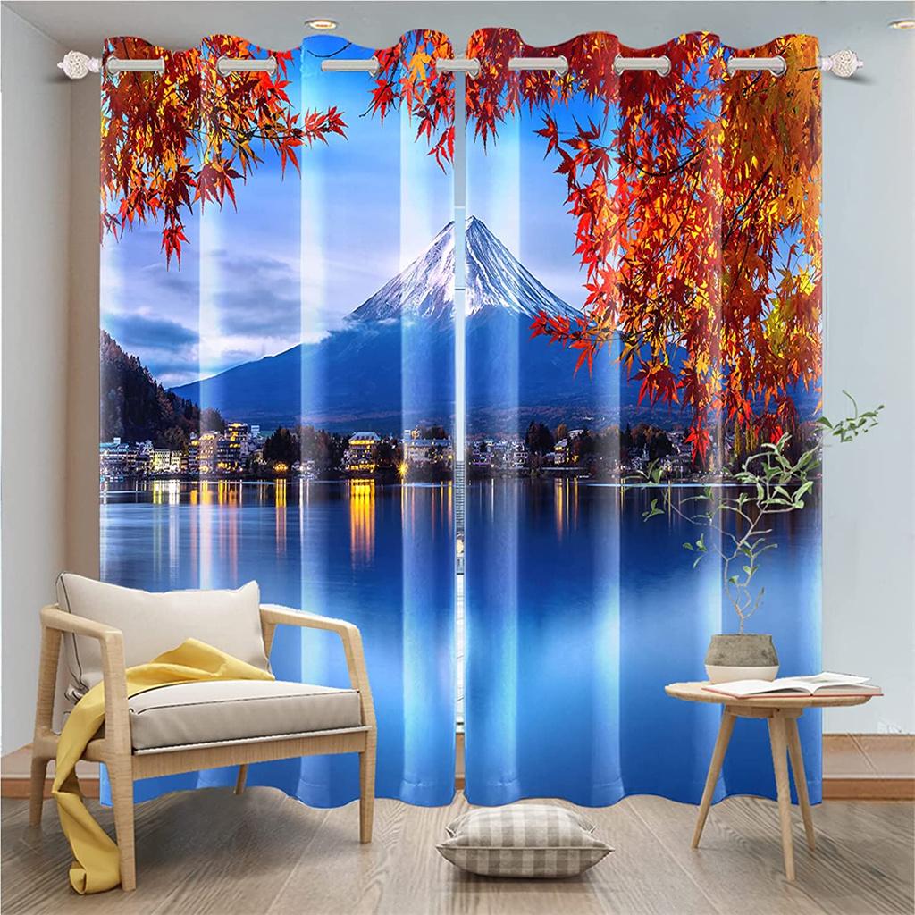 Mount Fuji Pattern 3D Digital Printed Curtain Living Room Decorated with Two Panels of 90 G Polyester Fiber Curtain Fabric