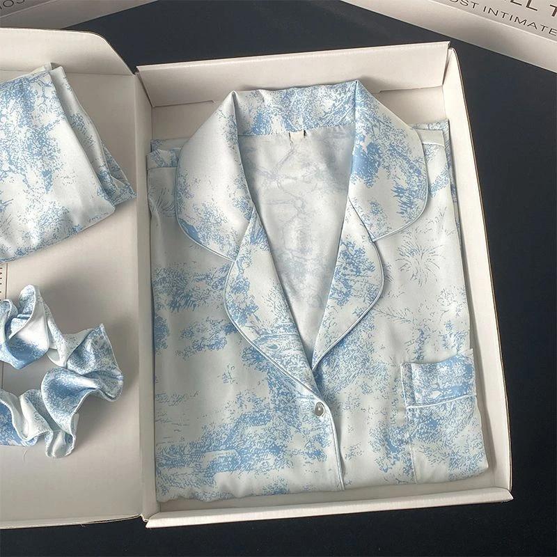 Осенне-зимняя женская домашняя одежда из шелка с отворотами и пуговицами, кардиган из 2 предметов, комплект одежды для женщин, пижама с принтом для женщин